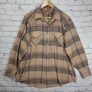 Ely Plains Mens Shirt Vintage Beige Plaid Button-Up 17.5 35 Western Pearl Snap